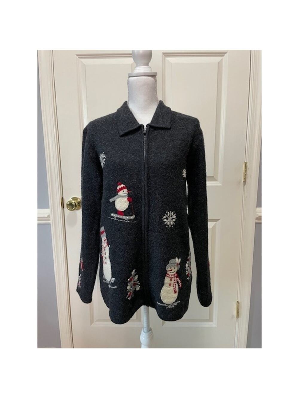 Coldwater Creek 100% Wool Snowman Zip Cardigan Sweater Medium